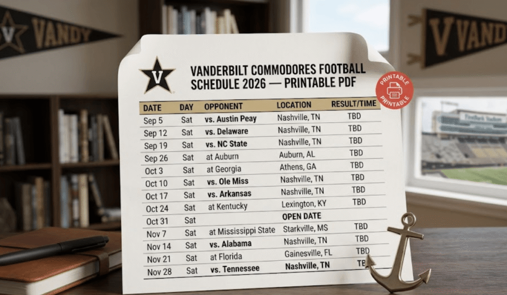 Vanderbilt Commodores Football Schedule 2026 - Printable PDF